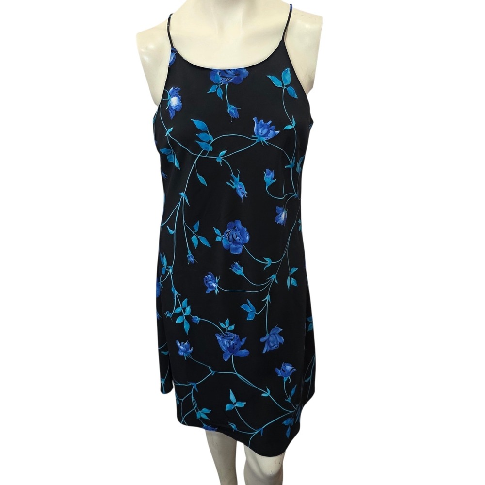 DBY Blue Floral Slip Dress Black Sleeveless Midi A-Line Vintage Y2K Womens L